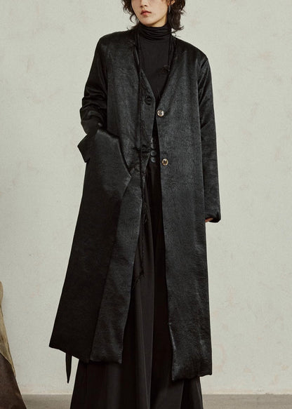 Elegant Black Neck Button Maxi Down Coat Winter