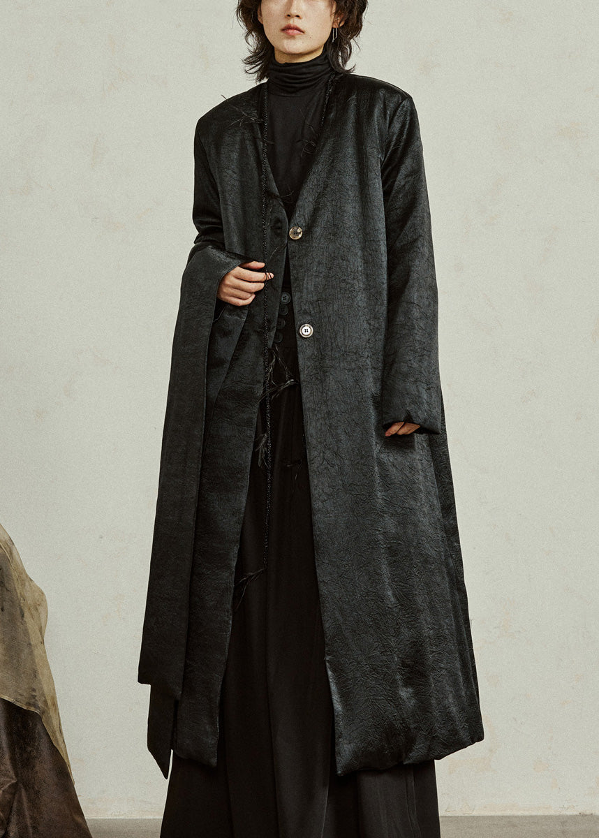 Elegant Black Neck Button Maxi Down Coat Winter
