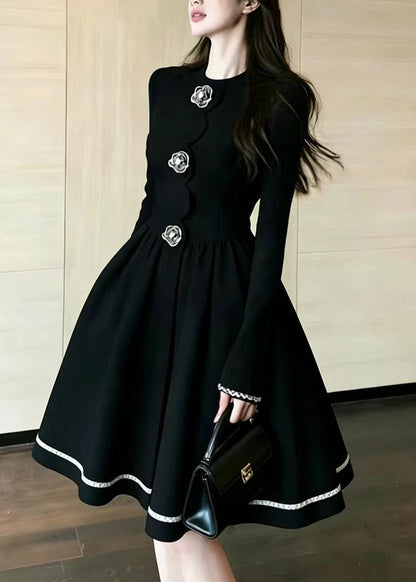 Elegant Black O-Neck Floral Button Vacation Dress Fall