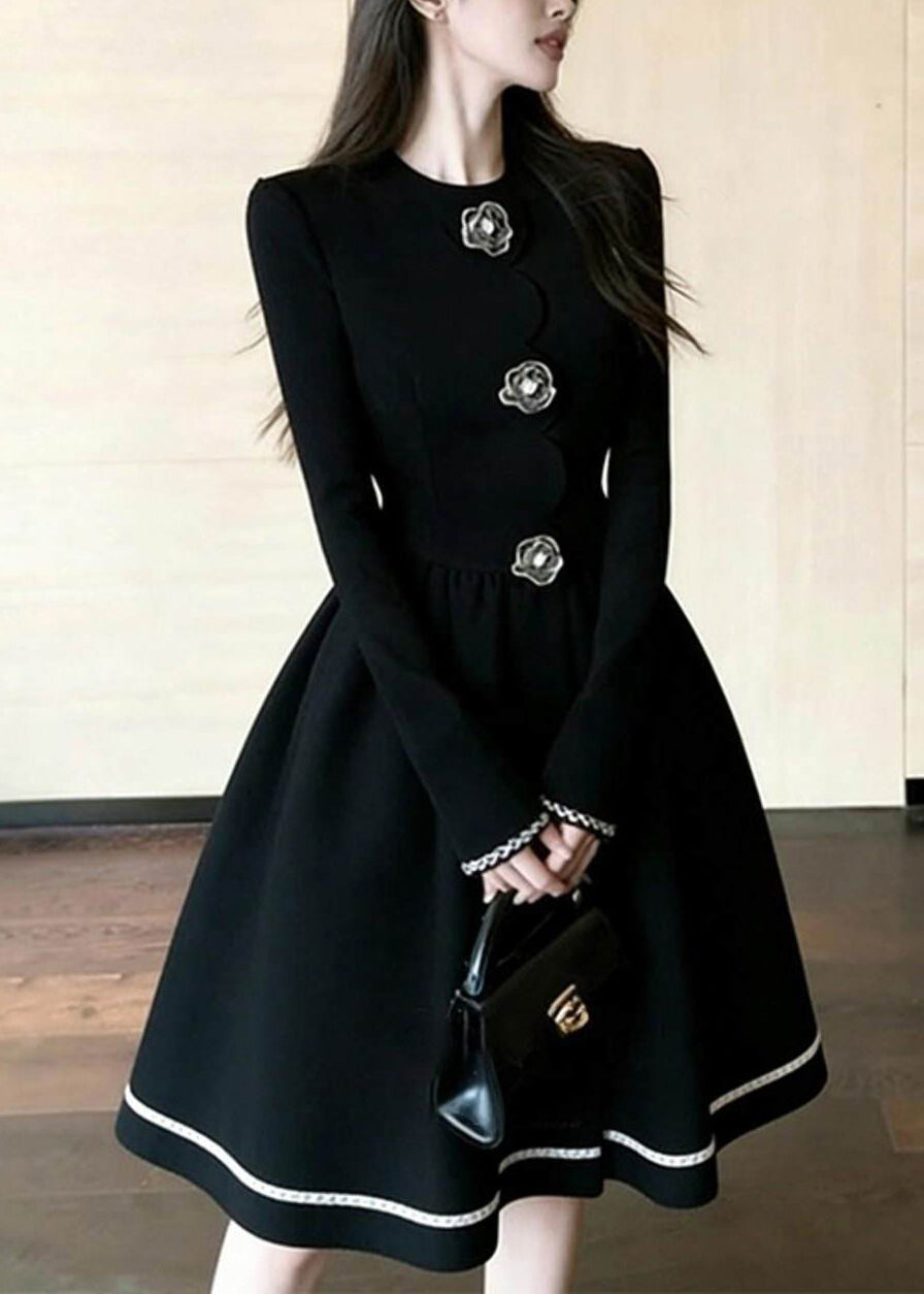 Elegant Black O-Neck Floral Button Vacation Dress Fall