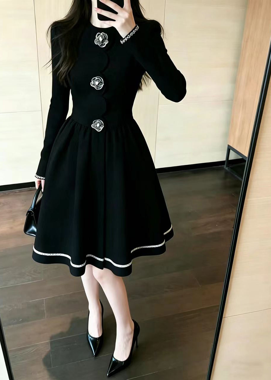 Elegant Black O-Neck Floral Button Vacation Dress Fall