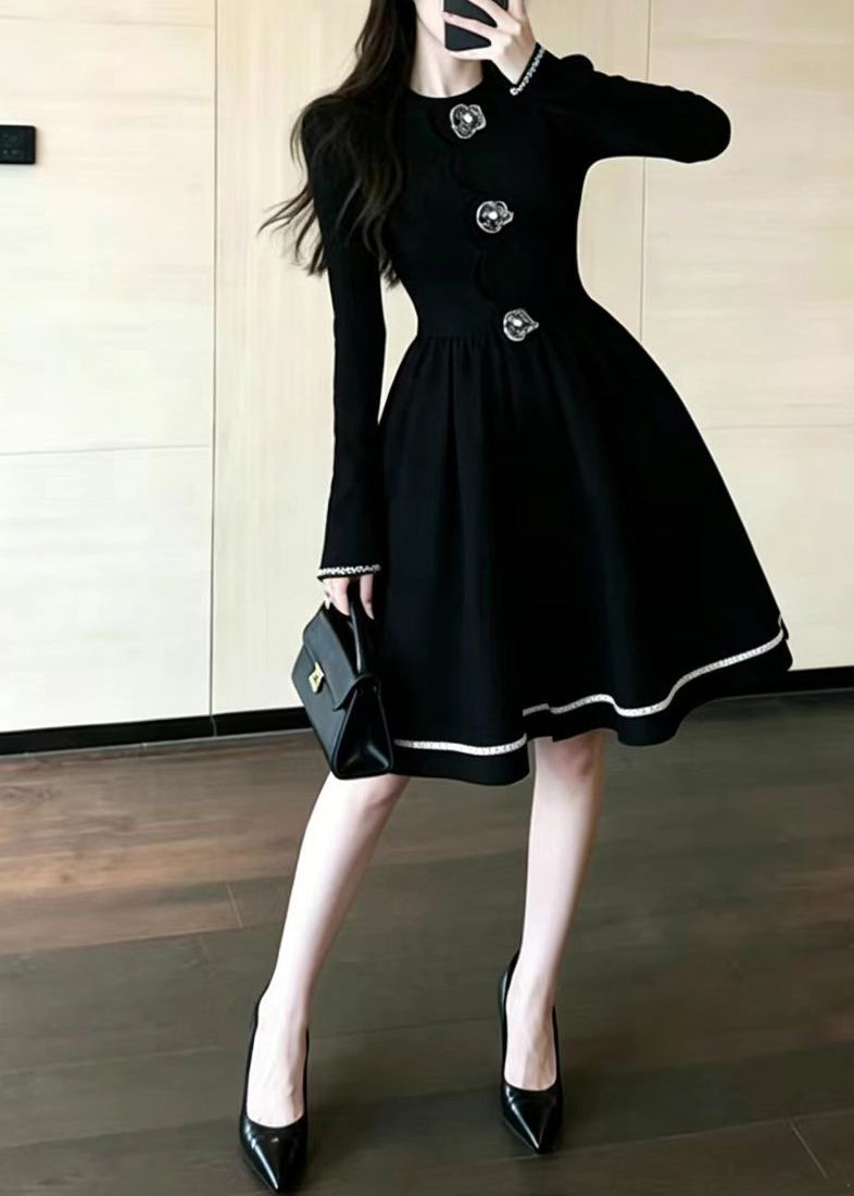 Elegant Black O-Neck Floral Button Vacation Dress Fall