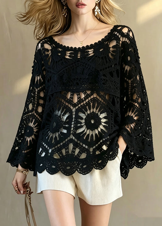 Elegant Black O-Neck Hollow Out Crochet Top Flare Sleeve