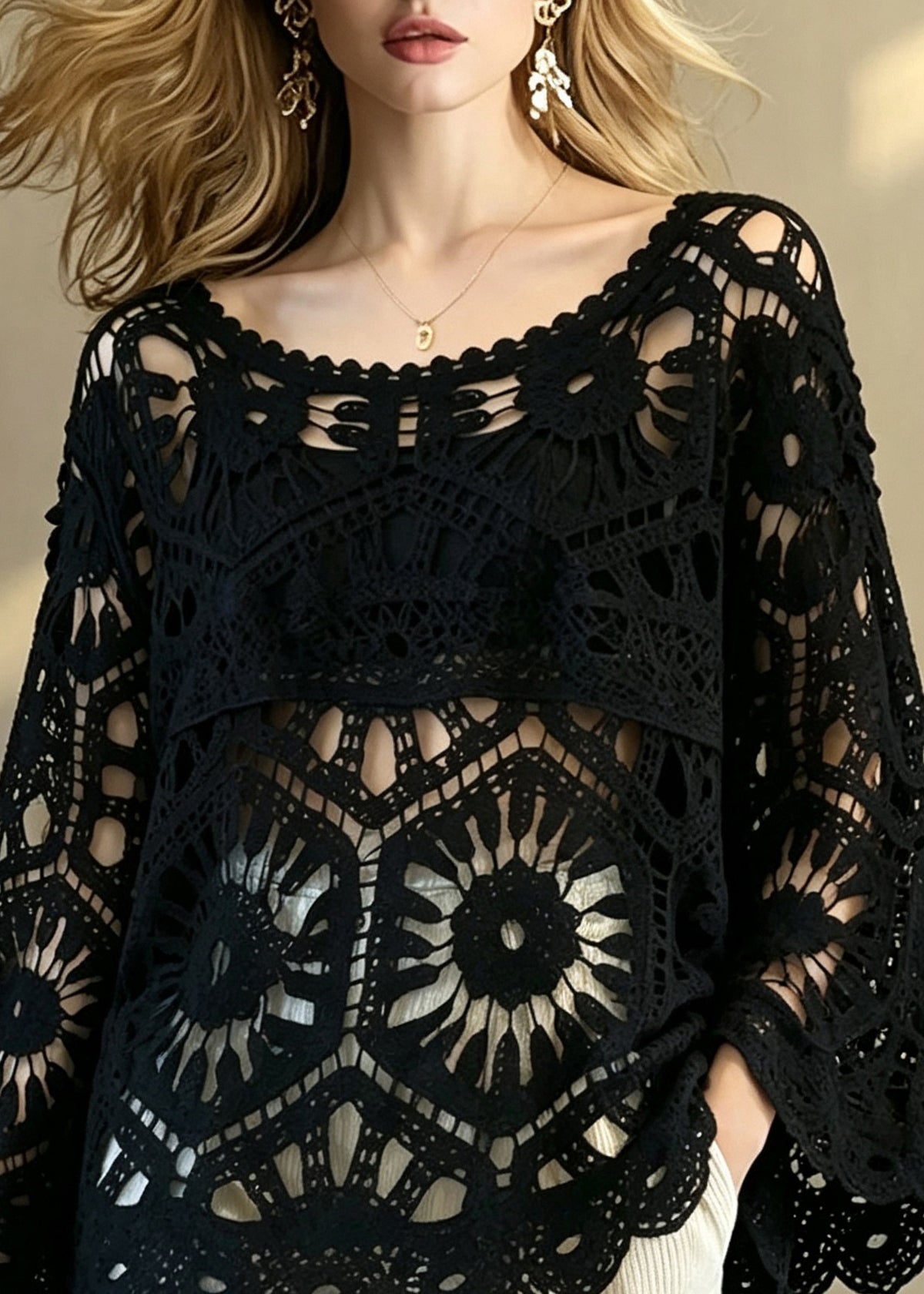 Elegant Black O-Neck Hollow Out Crochet Top Flare Sleeve