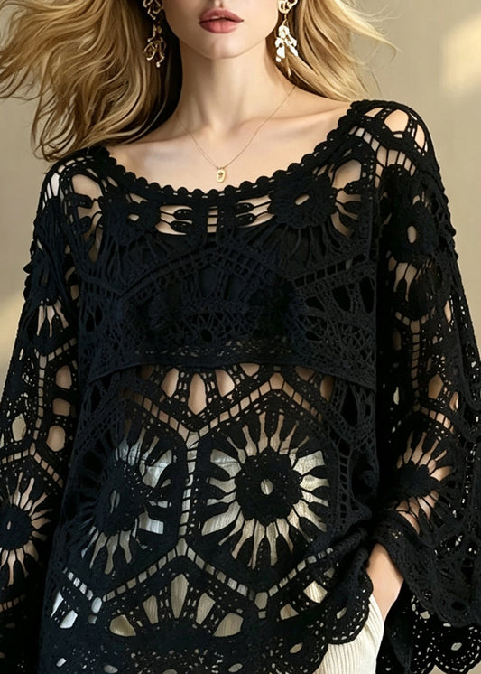 Elegant Black O-Neck Hollow Out Crochet Top Flare Sleeve