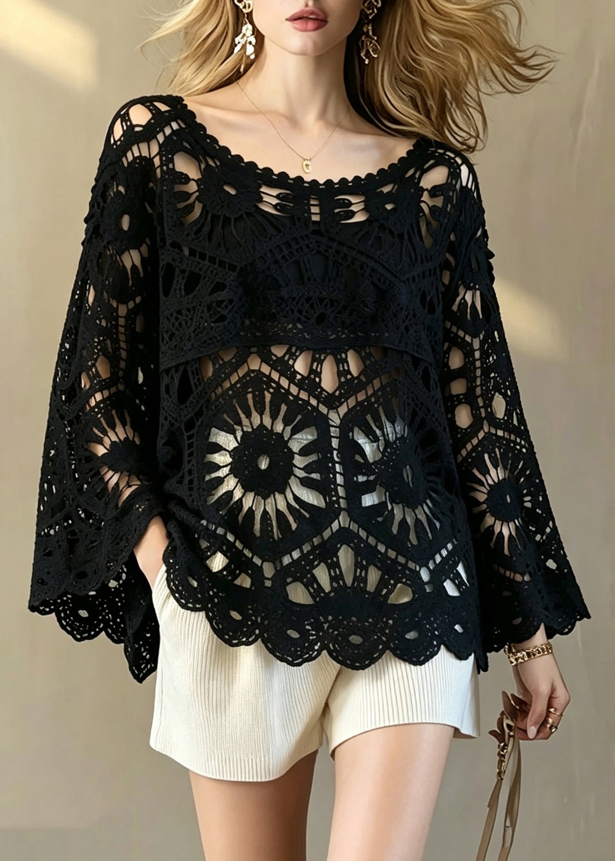 Elegant Black O-Neck Hollow Out Crochet Top Flare Sleeve