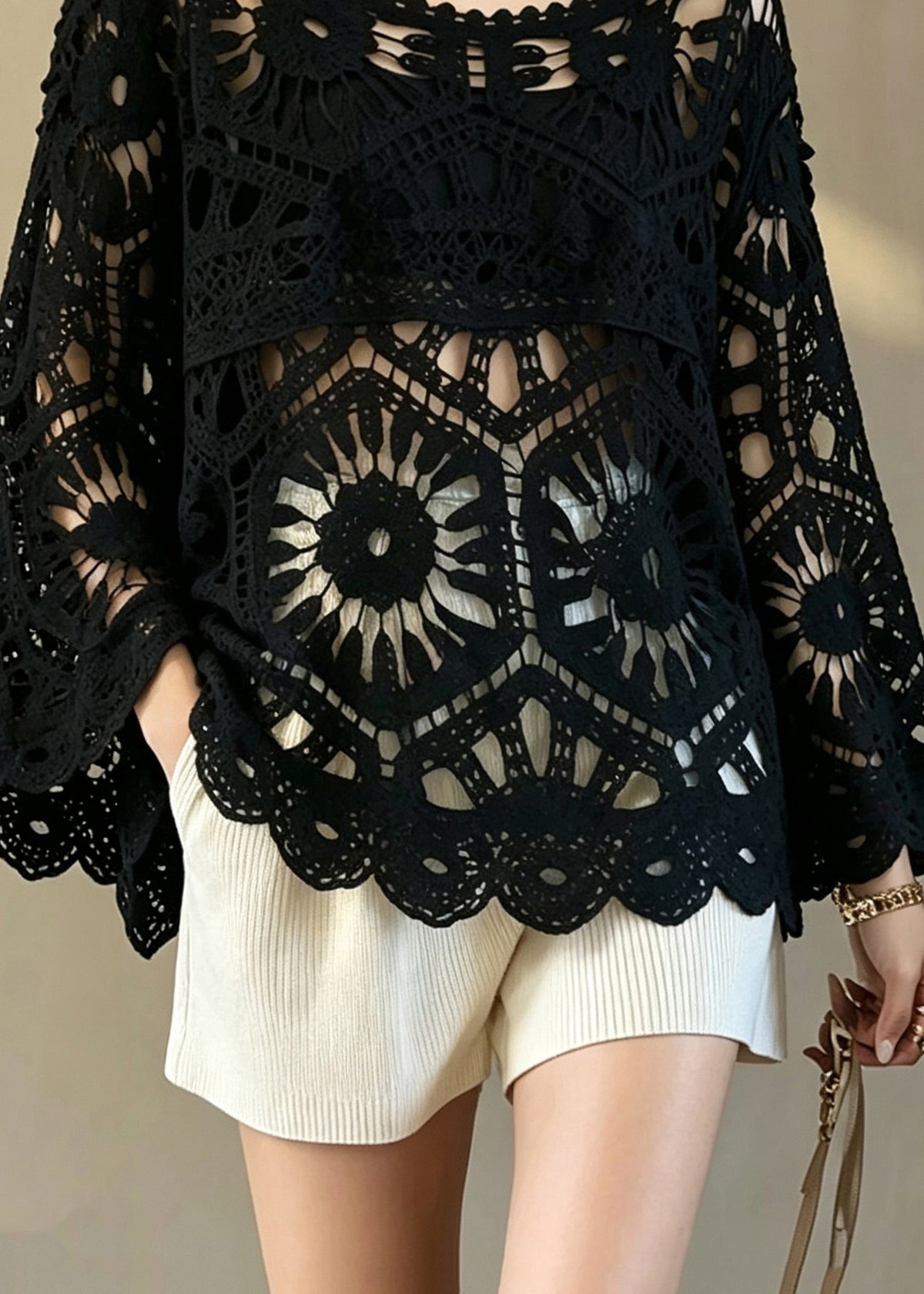 Elegant Black O-Neck Hollow Out Crochet Top Flare Sleeve