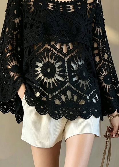 Elegant Black O-Neck Hollow Out Crochet Top Flare Sleeve