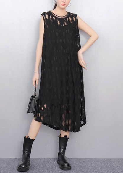 Elegant Black O Neck Hollow Out Tulle Long Dresses Sleeveless