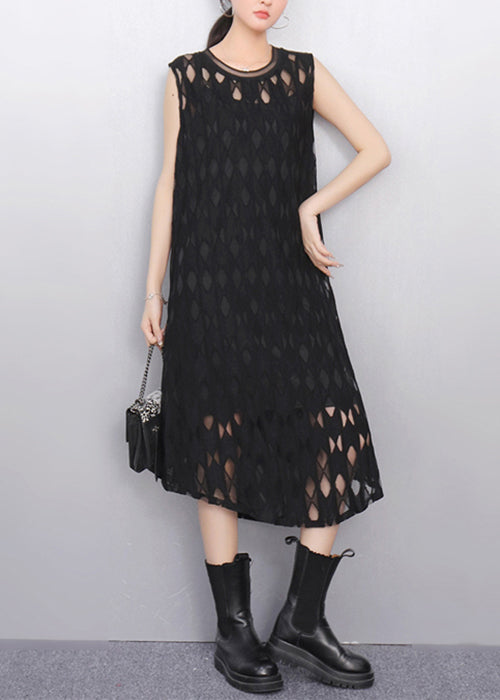 Elegant Black O Neck Hollow Out Tulle Long Dresses Sleeveless