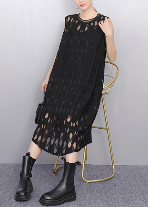 Elegant Black O Neck Hollow Out Tulle Long Dresses Sleeveless