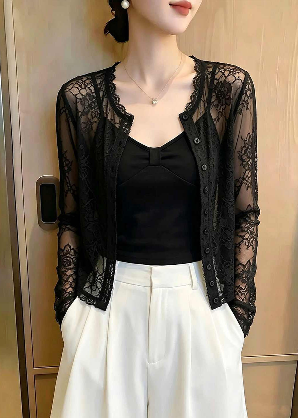 Elegant Black O-Neck Patchwork Lace Tops Long Sleeve