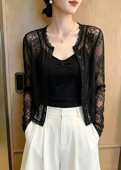 Elegant Black O-Neck Patchwork Lace Tops Long Sleeve