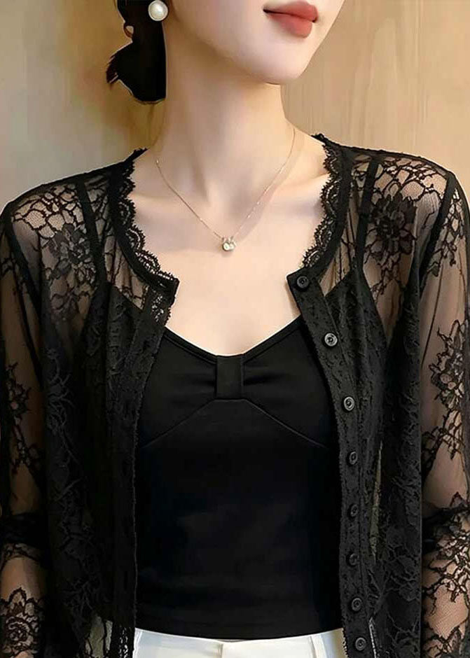 Elegant Black O-Neck Patchwork Lace Tops Long Sleeve