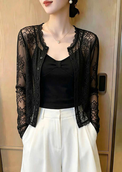 Elegant Black O-Neck Patchwork Lace Tops Long Sleeve