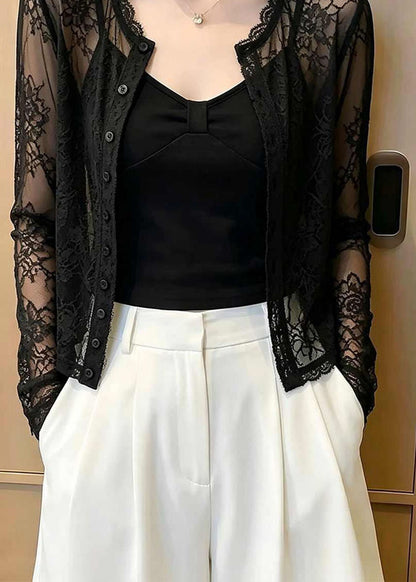 Elegant Black O-Neck Patchwork Lace Tops Long Sleeve