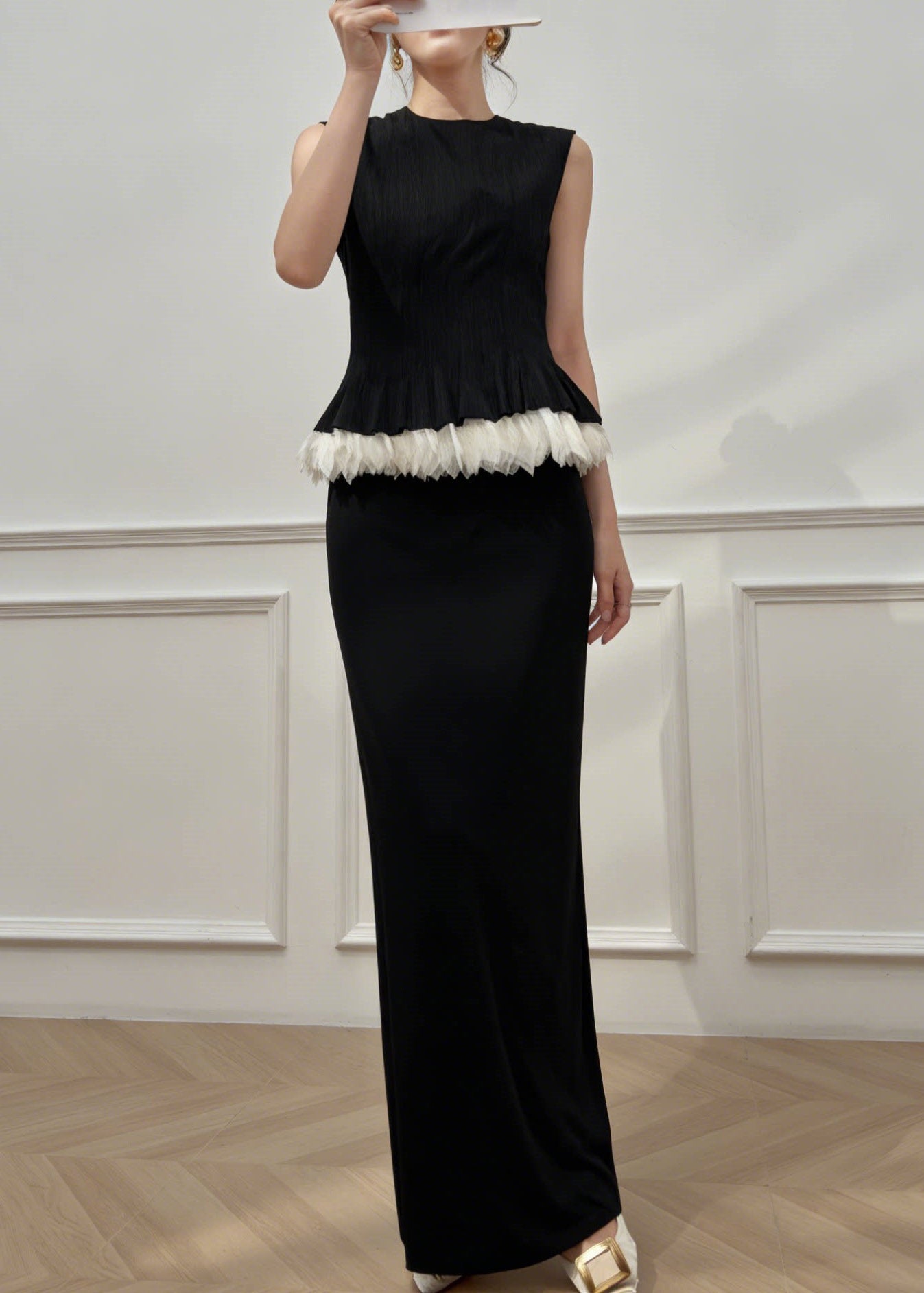Elegant Black O-Neck Patchwork Top And Maxi Skirts Two Pieces Set Summer