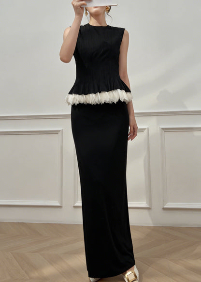Elegant Black O-Neck Patchwork Top And Maxi Skirts Two Pieces Set Summer