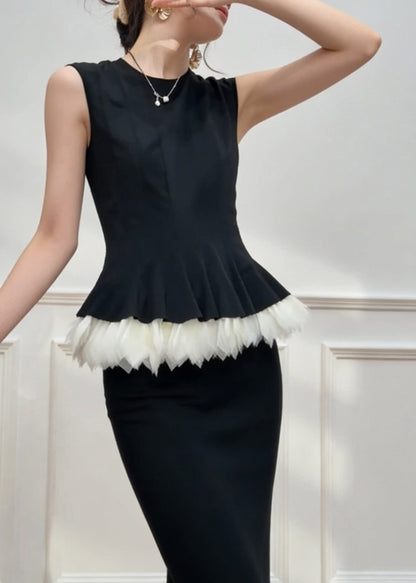 Elegant Black O-Neck Patchwork Top And Maxi Skirts Two Pieces Set Summer