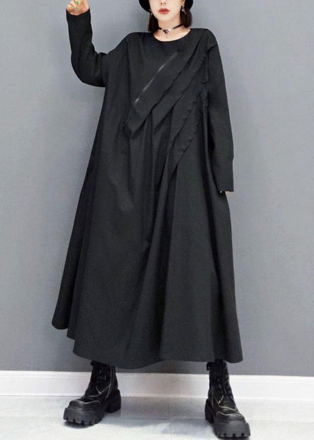 Elegant Black O-Neck Pockets Robe Dresses Fall Long Sleeve - SooLinen