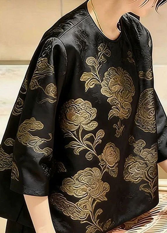 Elegant Black O-Neck Print T Shirt Summer
