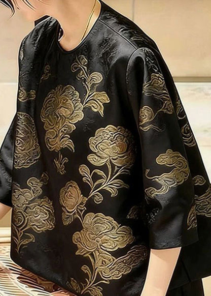 Elegant Black O-Neck Print T Shirt Summer