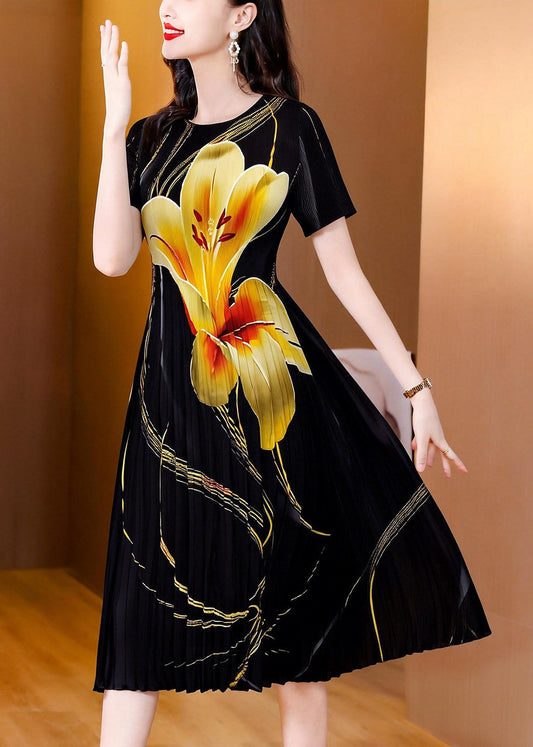 Elegant Black O Neck Print Wrinkled Dress Summer