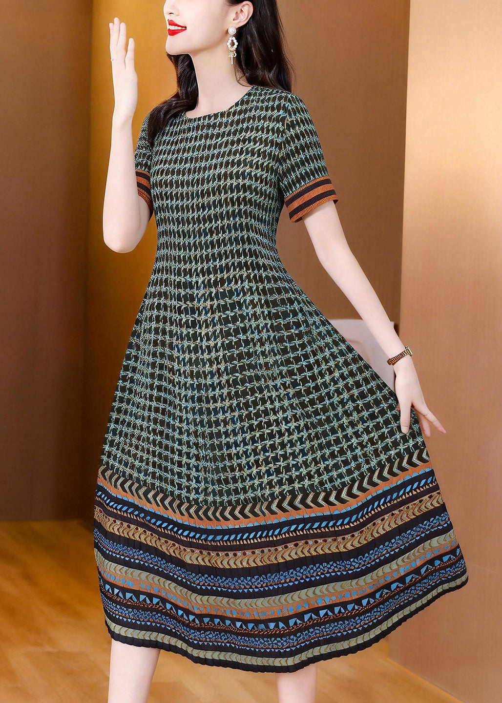 Elegant Black O Neck Print Wrinkled Dress Summer