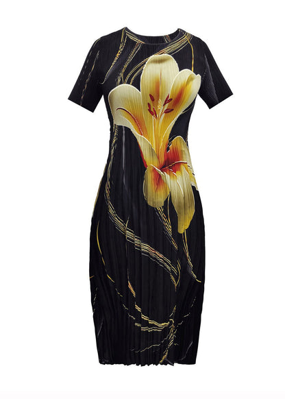 Elegant Black O Neck Print Wrinkled Dress Summer