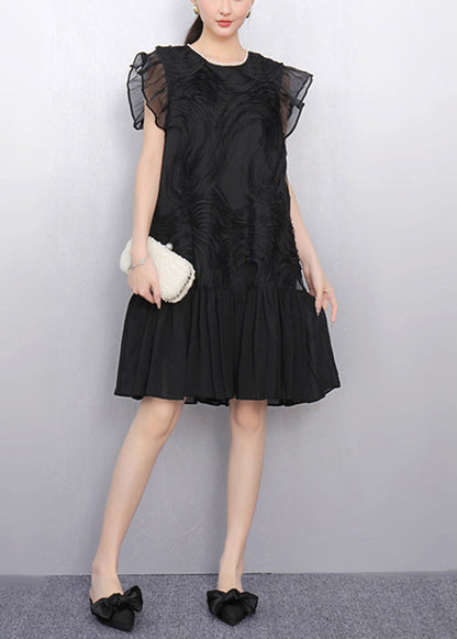 Elegant Black O Neck Wrinkled Tulle Patchwork Dress Summer