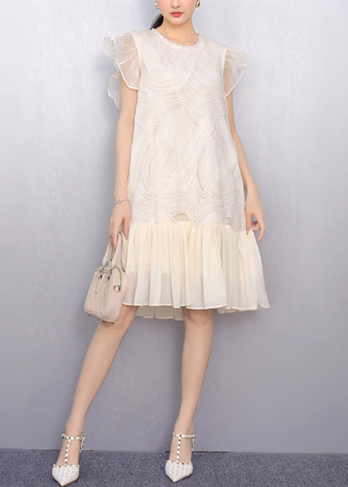 Elegant Black O Neck Wrinkled Tulle Patchwork Dress Summer