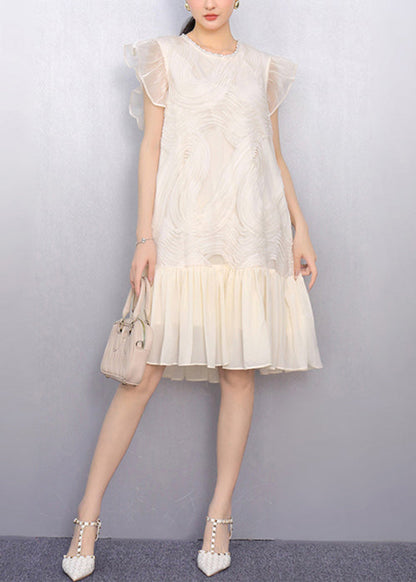 Elegant Black O Neck Wrinkled Tulle Patchwork Dress Summer