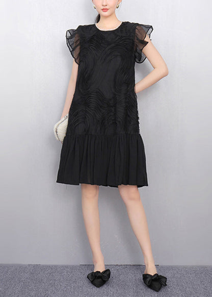 Elegant Black O Neck Wrinkled Tulle Patchwork Dress Summer