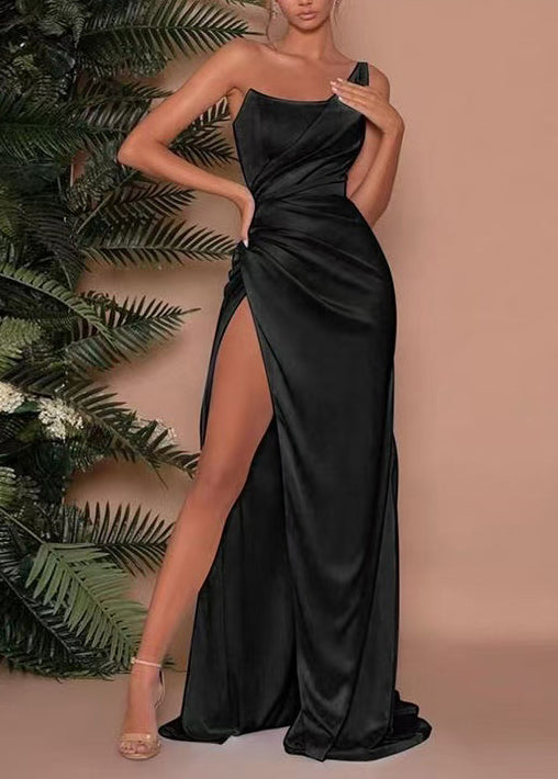 Elegant Black One Shoulder Side Open Patchwork Silk Maxi Dresses