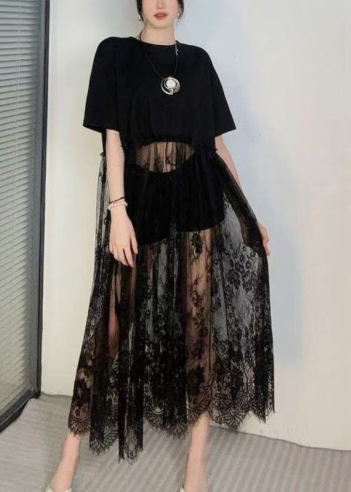 Elegant Black Oversized Patchwork Lace Robe Dresses Summer
