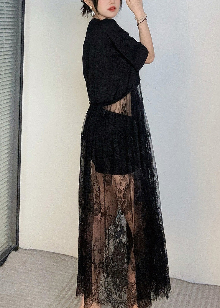 Elegant Black Oversized Patchwork Lace Robe Dresses Summer
