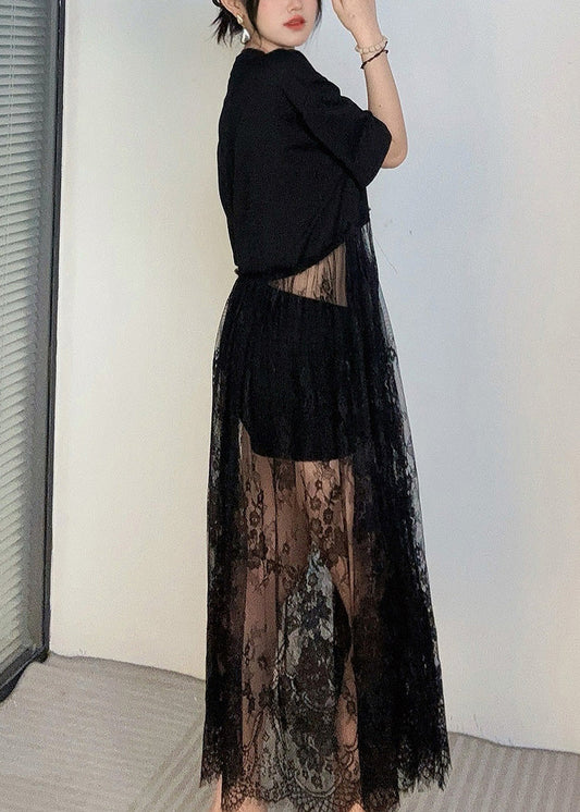 Elegant Black Oversized Patchwork Lace Robe Dresses Summer