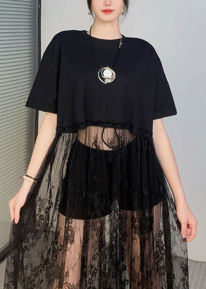 Elegant Black Oversized Patchwork Lace Robe Dresses Summer