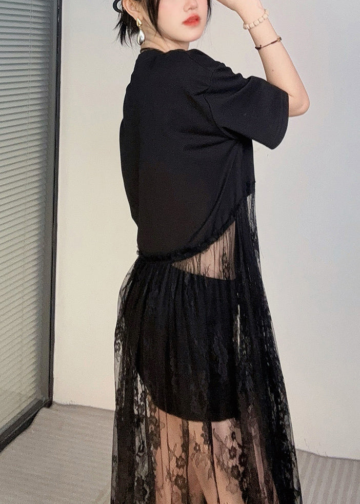 Elegant Black Oversized Patchwork Lace Robe Dresses Summer