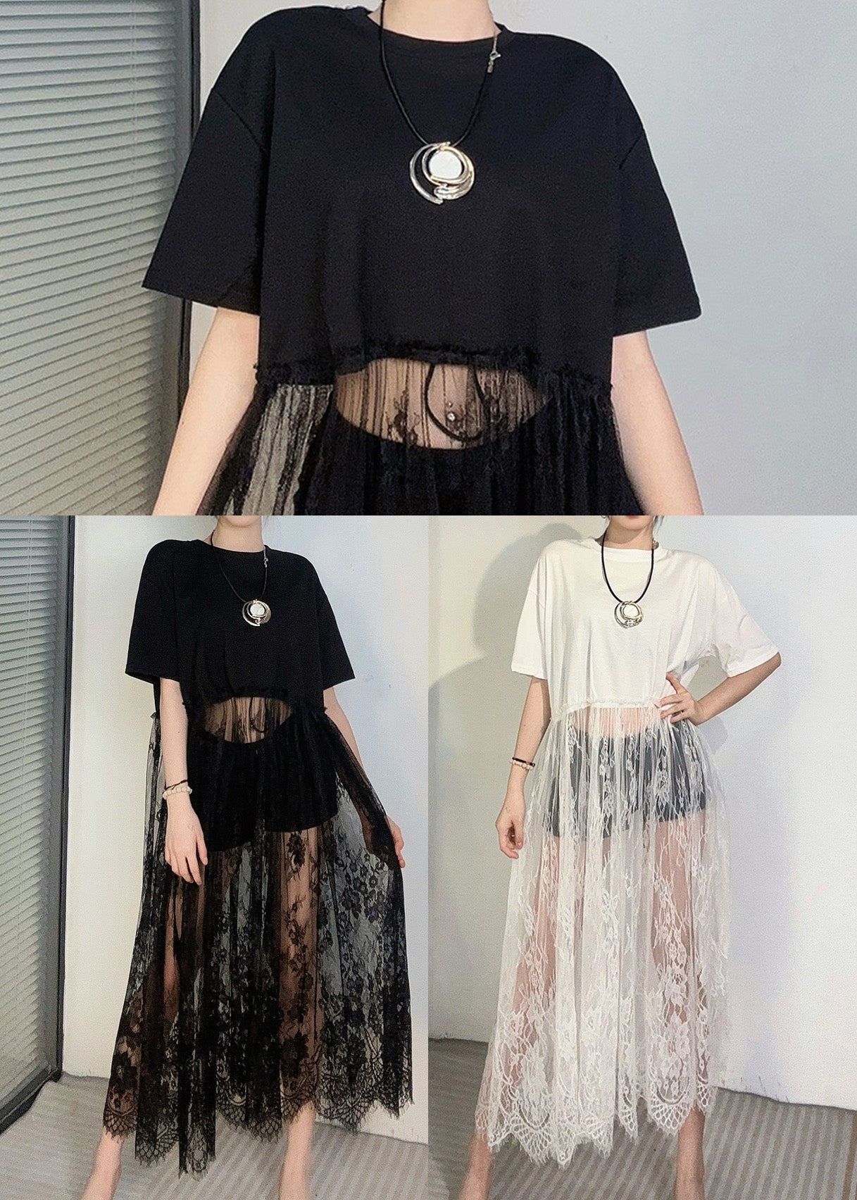 Elegant Black Oversized Patchwork Lace Robe Dresses Summer