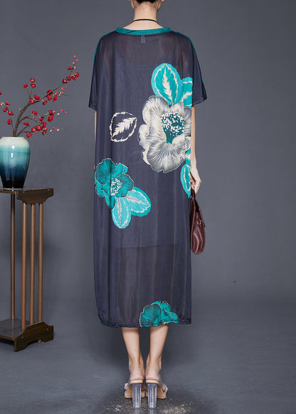 Elegant Black Oversized Print Silk Maxi Dresses Summer