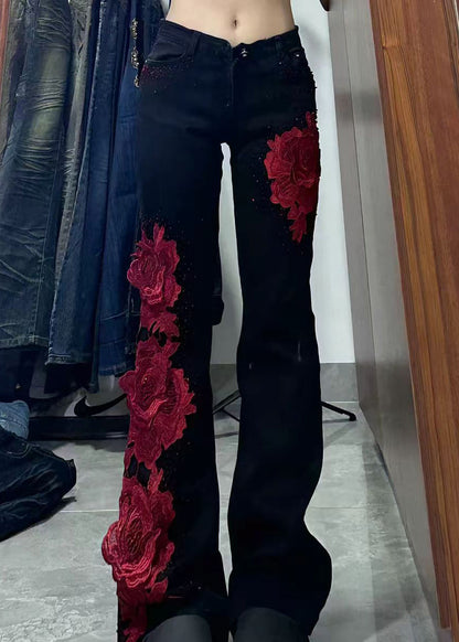 Elegant Black Patchwork Rose Decorated Denim Flared Trousers Spring