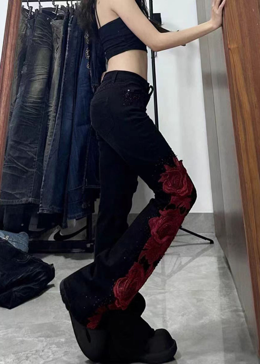 Elegant Black Patchwork Rose Decorated Denim Flared Trousers Spring