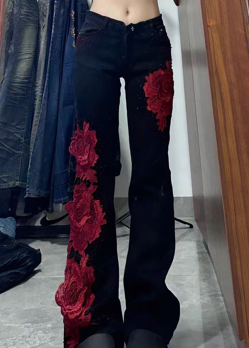 Elegant Black Patchwork Rose Decorated Denim Flared Trousers Spring