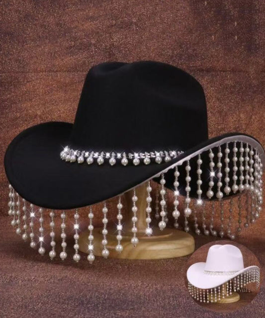 Elegant Black Pearl Tassel Western Cowboy Hat