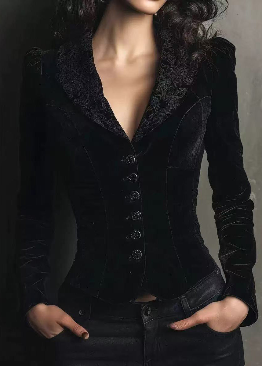Elegant Black Peter Pan Collar Button Velvet Coat Spring