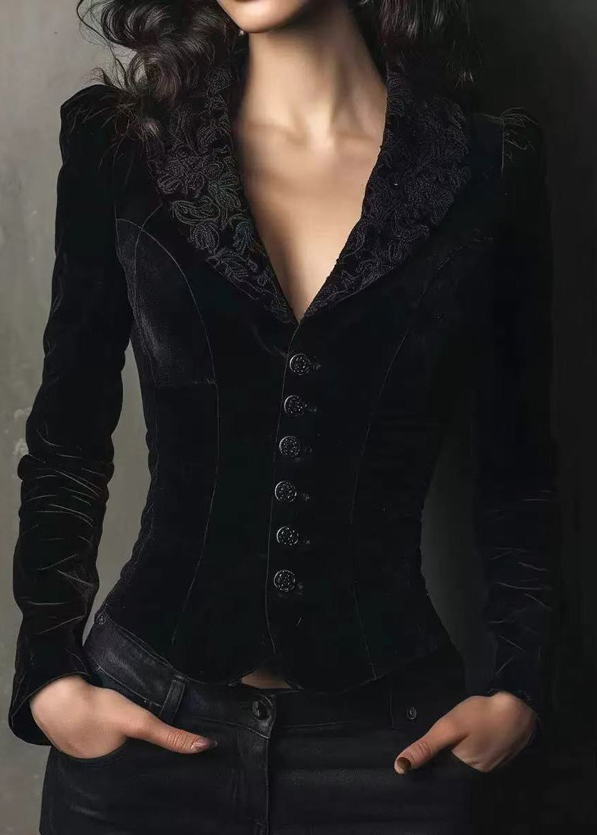 Elegant Black Peter Pan Collar Button Velvet Coat Spring