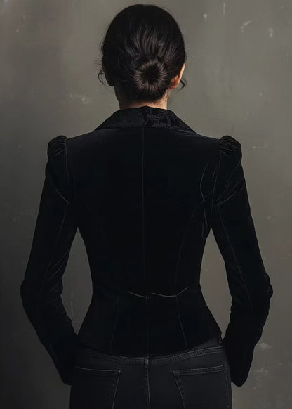 Elegant Black Peter Pan Collar Button Velvet Coat Spring
