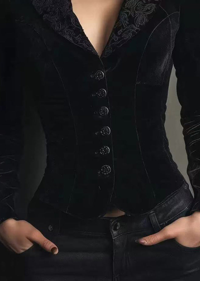 Elegant Black Peter Pan Collar Button Velvet Coat Spring