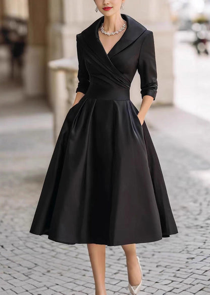 Elegant Black Peter Pan Collar Pockets Satin Dress Spring